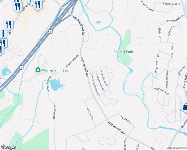 map of restaurants, bars, coffee shops, grocery stores, and more near 84 River Bend Road in Stratford