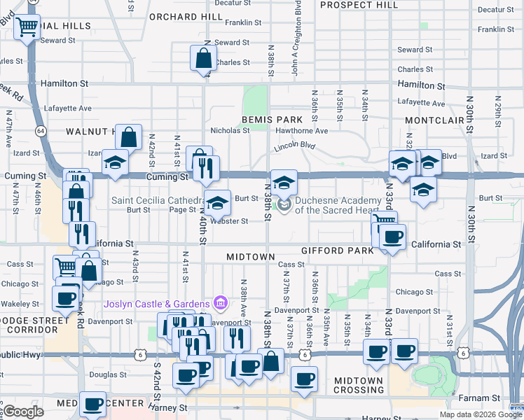 map of restaurants, bars, coffee shops, grocery stores, and more near 716 North 38th Street in Omaha