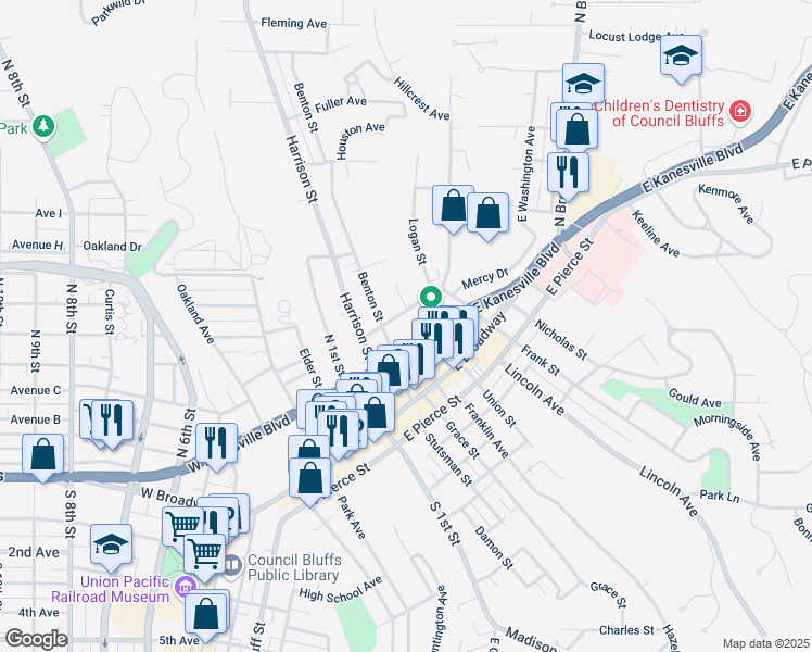 map of restaurants, bars, coffee shops, grocery stores, and more near 132 Baughn Street in Council Bluffs