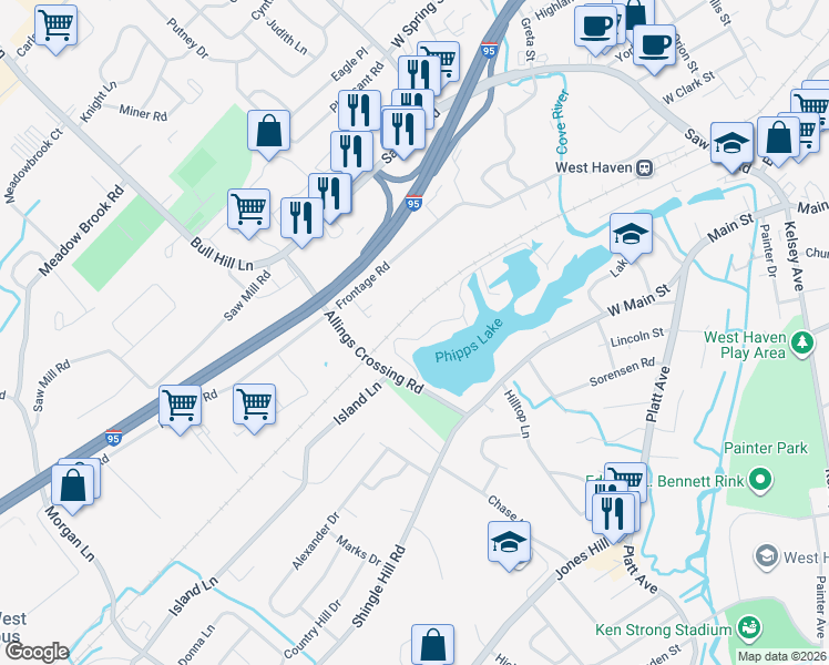 map of restaurants, bars, coffee shops, grocery stores, and more near 10 Phipps Drive in West Haven