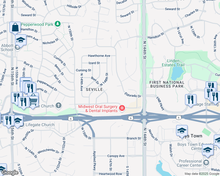 map of restaurants, bars, coffee shops, grocery stores, and more near 716 North 147th Avenue Circle in Omaha