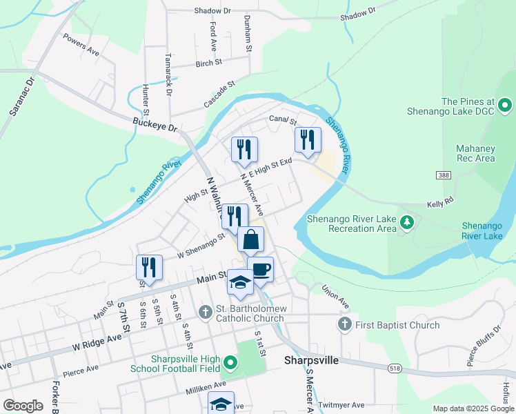 map of restaurants, bars, coffee shops, grocery stores, and more near 131 North Mercer Avenue in Sharpsville