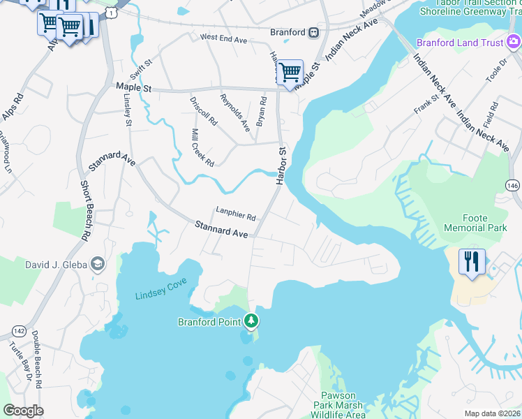 map of restaurants, bars, coffee shops, grocery stores, and more near 136 Harbor Street in Branford