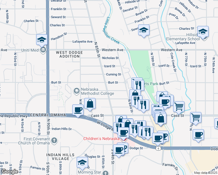map of restaurants, bars, coffee shops, grocery stores, and more near 705 North 85th Street in Omaha