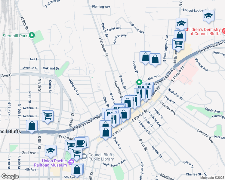 map of restaurants, bars, coffee shops, grocery stores, and more near 327 North 1st Street in Council Bluffs