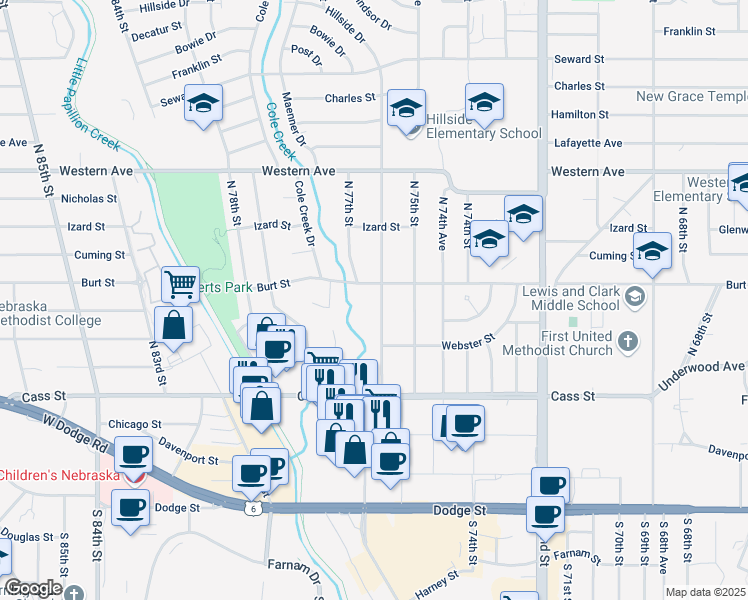 map of restaurants, bars, coffee shops, grocery stores, and more near 7617 Burt Street in Omaha
