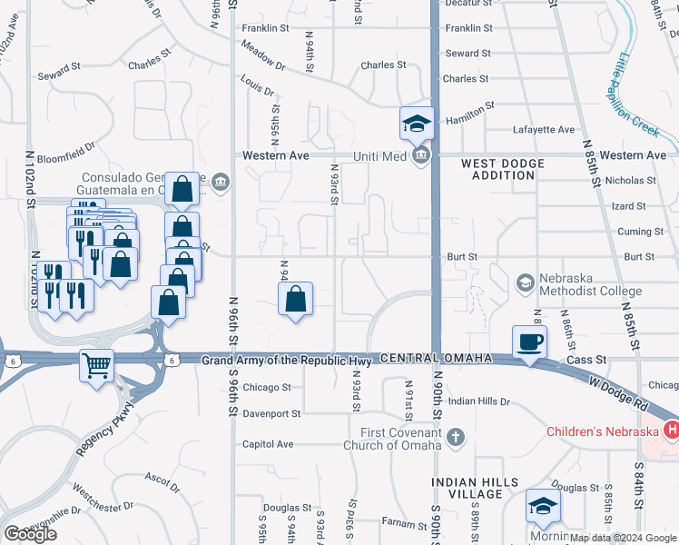 map of restaurants, bars, coffee shops, grocery stores, and more near 712 North 92nd Court in Omaha