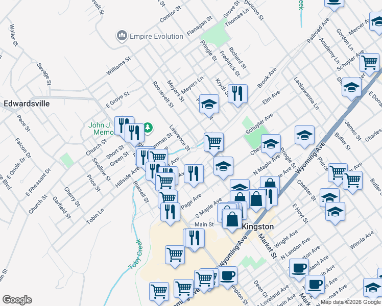 map of restaurants, bars, coffee shops, grocery stores, and more near 1 Meyers Court in Kingston