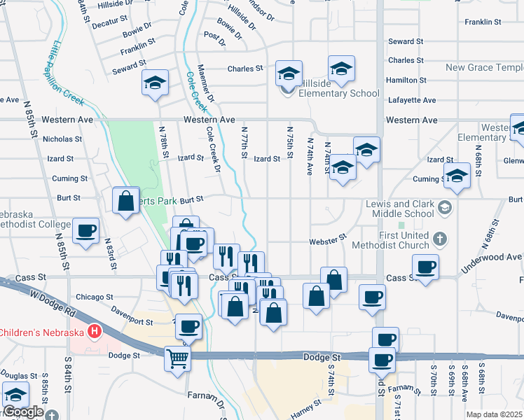 map of restaurants, bars, coffee shops, grocery stores, and more near 7617 Burt Street in Omaha