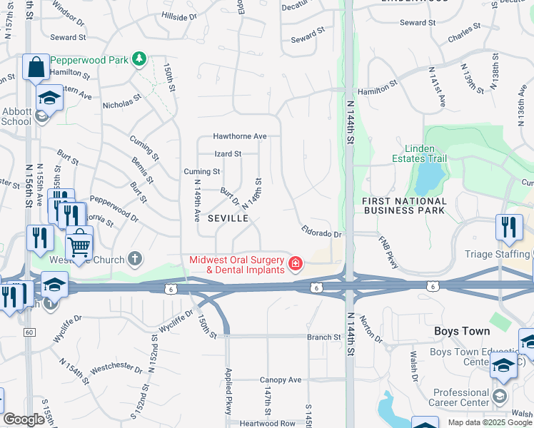 map of restaurants, bars, coffee shops, grocery stores, and more near 716 North 147th Avenue Circle in Omaha