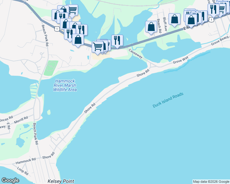 map of restaurants, bars, coffee shops, grocery stores, and more near 139 Shore Road in Clinton