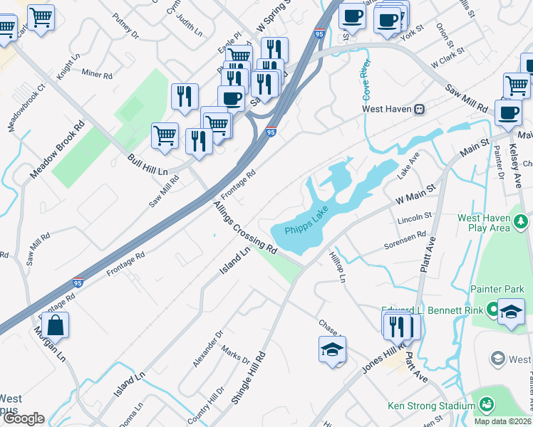 map of restaurants, bars, coffee shops, grocery stores, and more near 10 Phipps Drive in West Haven