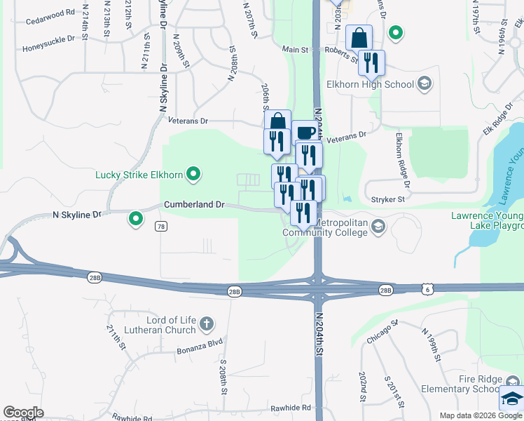 map of restaurants, bars, coffee shops, grocery stores, and more near Cumberland Rd in Elkhorn