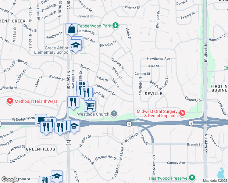 map of restaurants, bars, coffee shops, grocery stores, and more near 15222 Pepperwood Drive in Omaha
