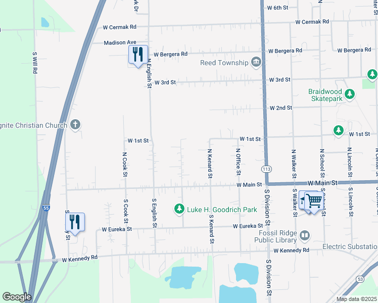 map of restaurants, bars, coffee shops, grocery stores, and more near 179 North Maple Street in Braidwood
