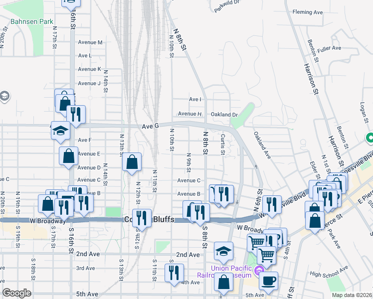 map of restaurants, bars, coffee shops, grocery stores, and more near 508 North 9th Street in Council Bluffs
