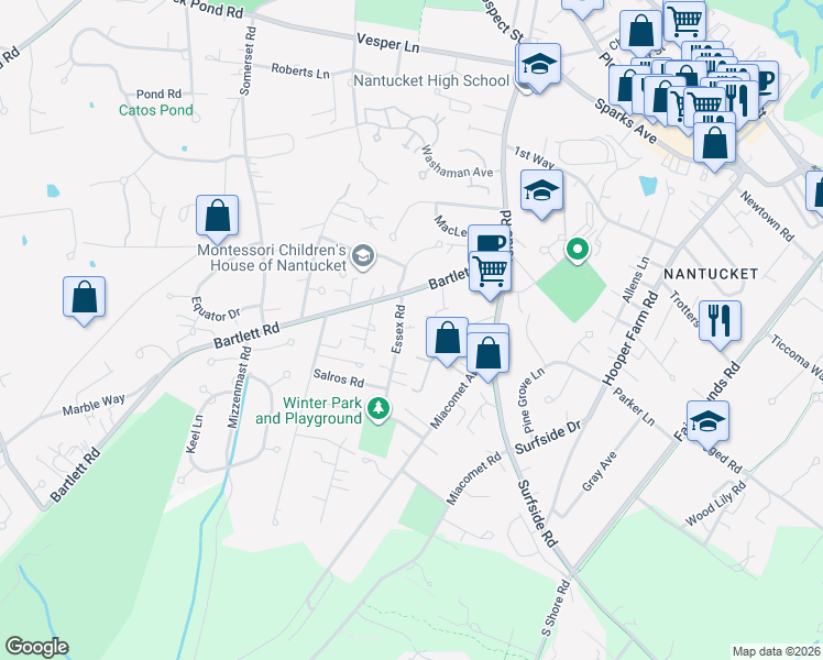 map of restaurants, bars, coffee shops, grocery stores, and more near 12 Essex Rd in Nantucket