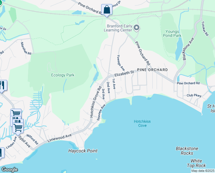 map of restaurants, bars, coffee shops, grocery stores, and more near 34 2nd Avenue in Branford