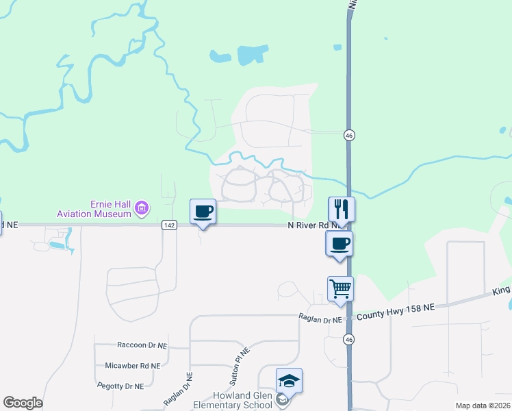 map of restaurants, bars, coffee shops, grocery stores, and more near 211 South Aspen Court in Warren