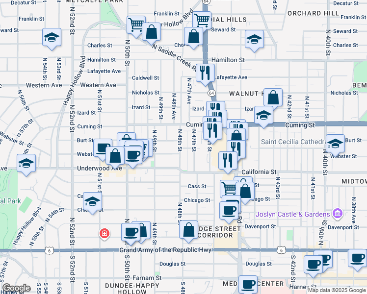 map of restaurants, bars, coffee shops, grocery stores, and more near 801 North 48th Street in Omaha