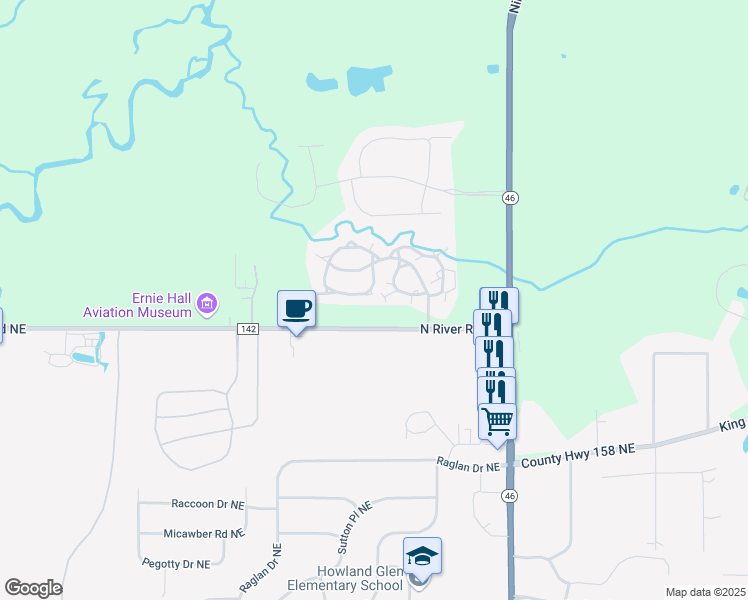 map of restaurants, bars, coffee shops, grocery stores, and more near 211 South Aspen Court in Warren