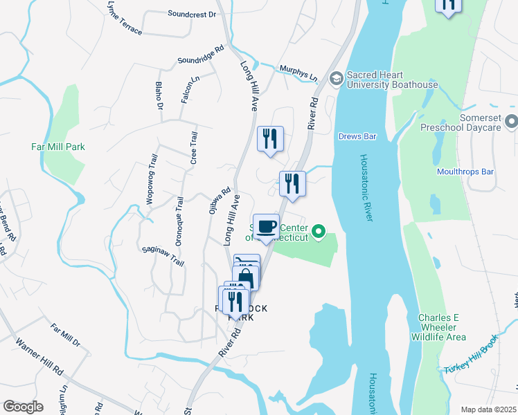 map of restaurants, bars, coffee shops, grocery stores, and more near 16 Wintergreen Ln in Shelton