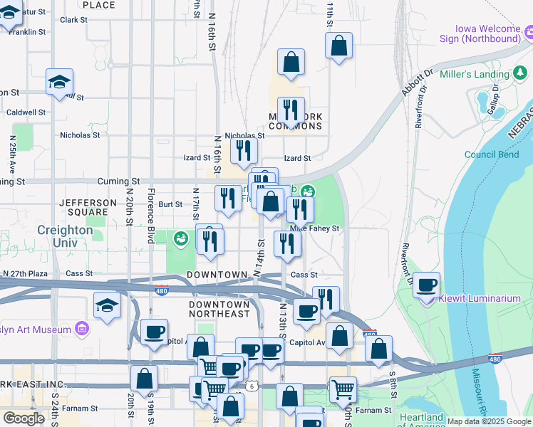 map of restaurants, bars, coffee shops, grocery stores, and more near 729 North 14th Street in Omaha