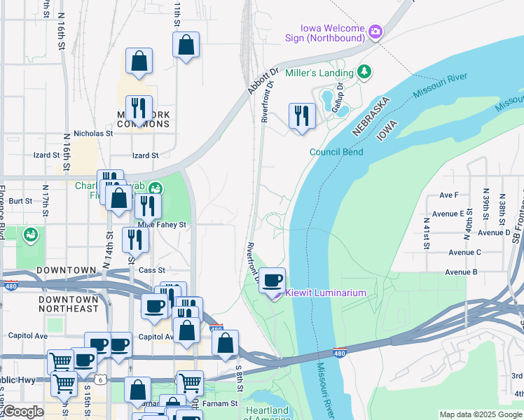 map of restaurants, bars, coffee shops, grocery stores, and more near 727 Riverfront Plaza in Omaha
