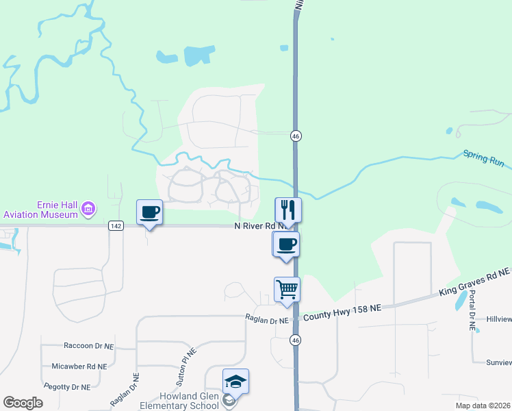 map of restaurants, bars, coffee shops, grocery stores, and more near 107 North Aspen Court in Warren