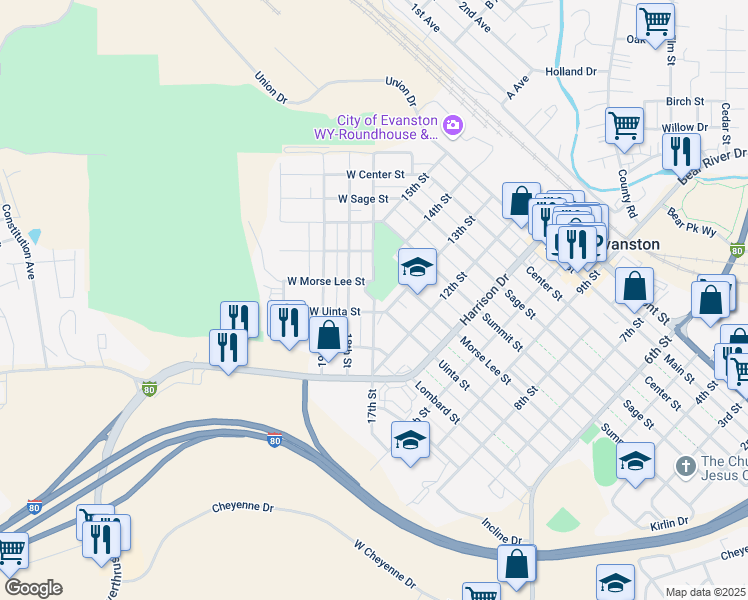 map of restaurants, bars, coffee shops, grocery stores, and more near 17th St in Evanston