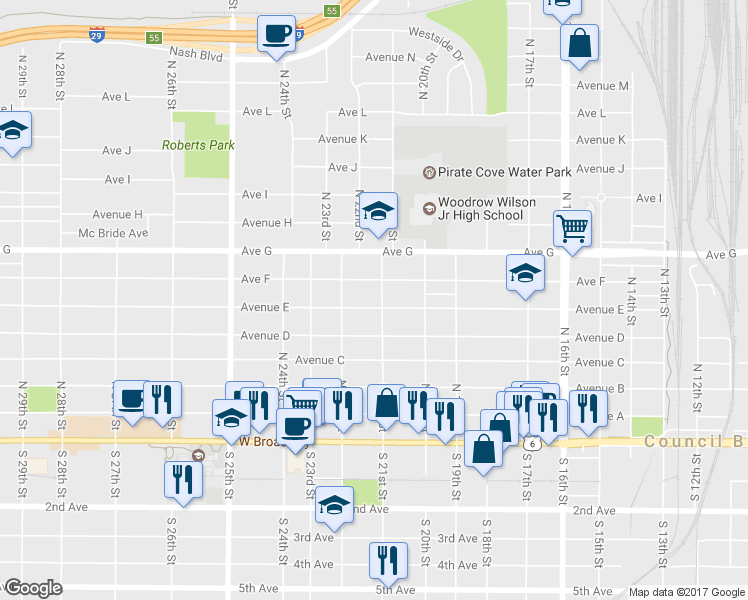 map of restaurants, bars, coffee shops, grocery stores, and more near 2102 Avenue E in Council Bluffs