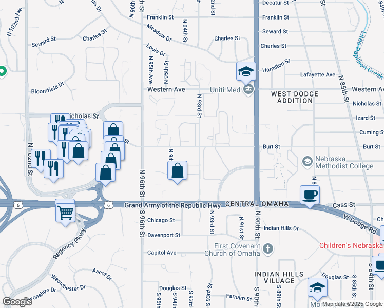 map of restaurants, bars, coffee shops, grocery stores, and more near 770 North 93rd Street in Omaha