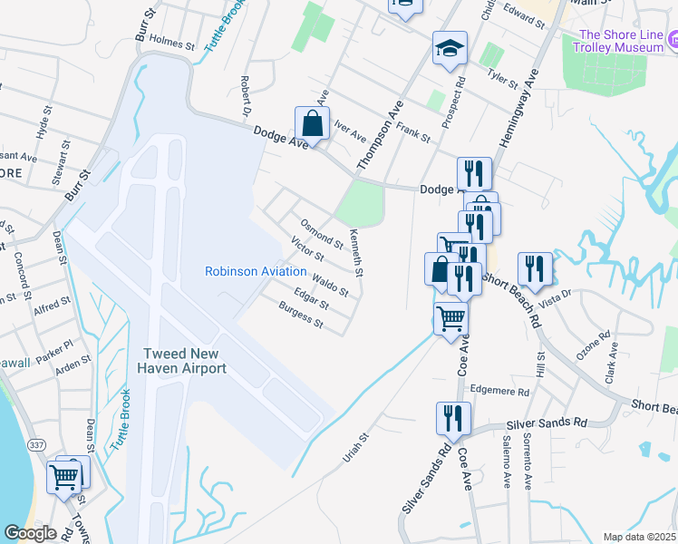 map of restaurants, bars, coffee shops, grocery stores, and more near 12 Victor Street in East Haven