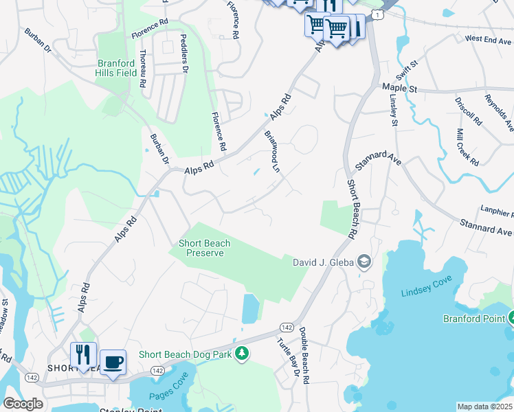 map of restaurants, bars, coffee shops, grocery stores, and more near 40 Briarwood Lane in Branford