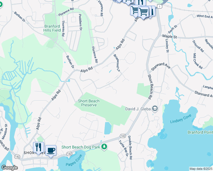map of restaurants, bars, coffee shops, grocery stores, and more near 39 Briarwood Lane in Branford