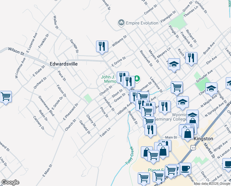 map of restaurants, bars, coffee shops, grocery stores, and more near 47 Short St in Edwardsville
