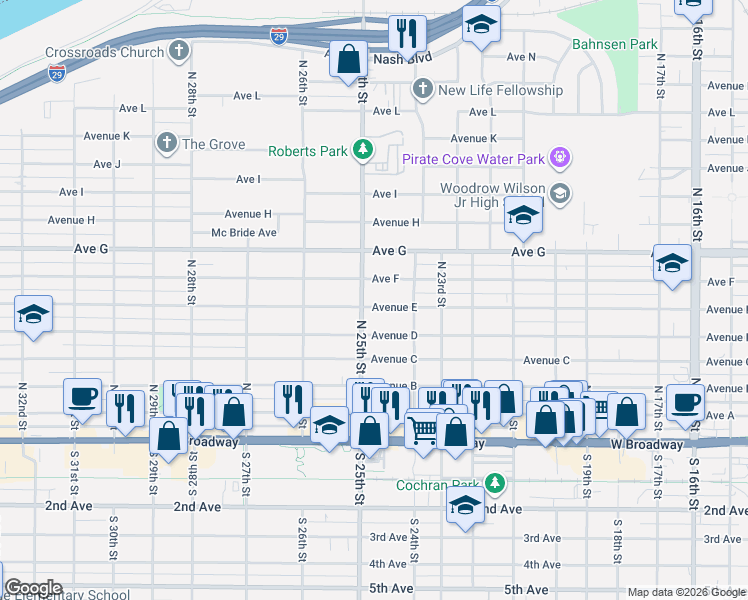 map of restaurants, bars, coffee shops, grocery stores, and more near 2448 Avenue E in Council Bluffs