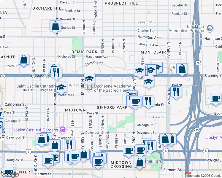 map of restaurants, bars, coffee shops, grocery stores, and more near 3513 Burt Street in Omaha