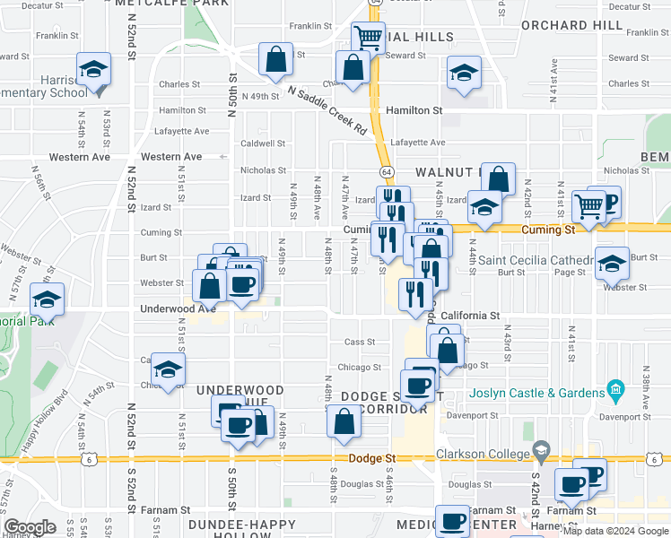 map of restaurants, bars, coffee shops, grocery stores, and more near 801 North 48th Street in Omaha