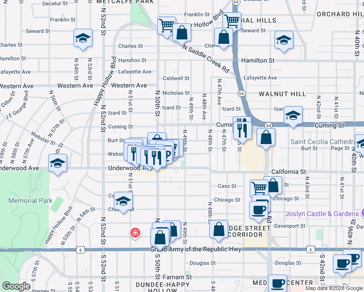 map of restaurants, bars, coffee shops, grocery stores, and more near 710 North 49th Street in Omaha