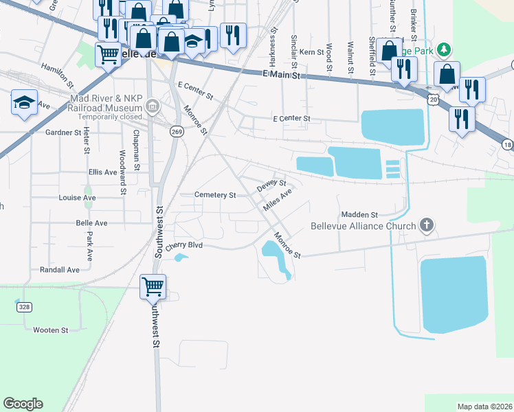 map of restaurants, bars, coffee shops, grocery stores, and more near 556 Monroe Street in Bellevue