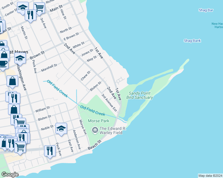 map of restaurants, bars, coffee shops, grocery stores, and more near 105 2nd Avenue in West Haven