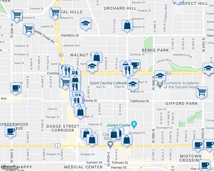 map of restaurants, bars, coffee shops, grocery stores, and more near 801 North 42nd Street in Omaha