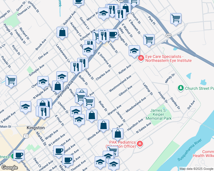map of restaurants, bars, coffee shops, grocery stores, and more near 527 Rutter Avenue in Kingston