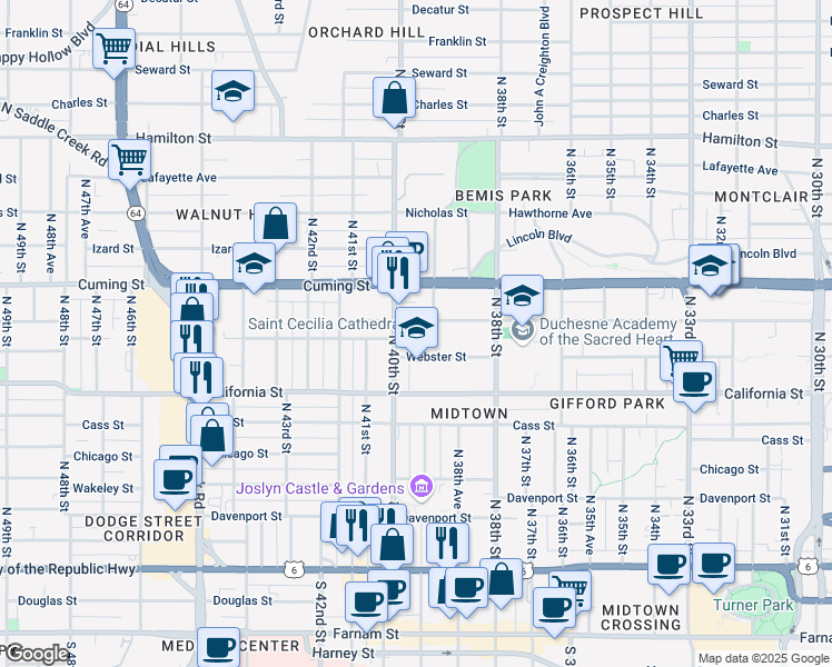 map of restaurants, bars, coffee shops, grocery stores, and more near 701 North 40th Street in Omaha