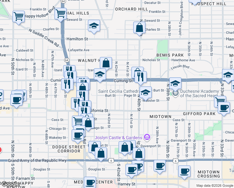 map of restaurants, bars, coffee shops, grocery stores, and more near 801 North 42nd Street in Omaha