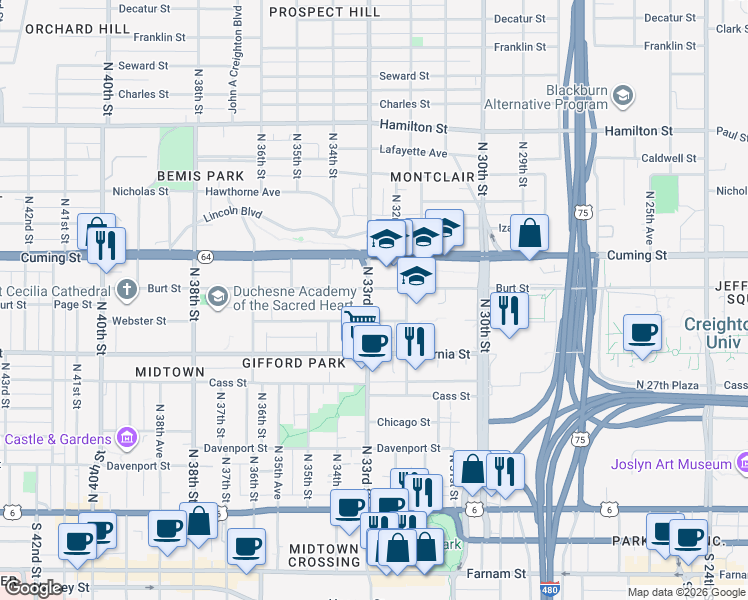 map of restaurants, bars, coffee shops, grocery stores, and more near 719 North 33rd Street in Omaha