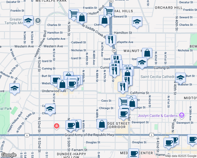 map of restaurants, bars, coffee shops, grocery stores, and more near 801 North 48th Street in Omaha