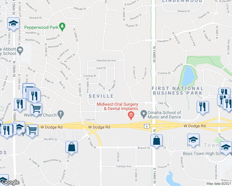 map of restaurants, bars, coffee shops, grocery stores, and more near 716 North 147th Avenue Circle in Omaha