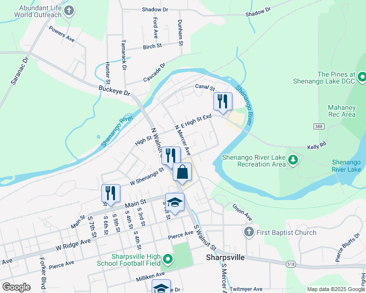 map of restaurants, bars, coffee shops, grocery stores, and more near 131 North Mercer Avenue in Sharpsville
